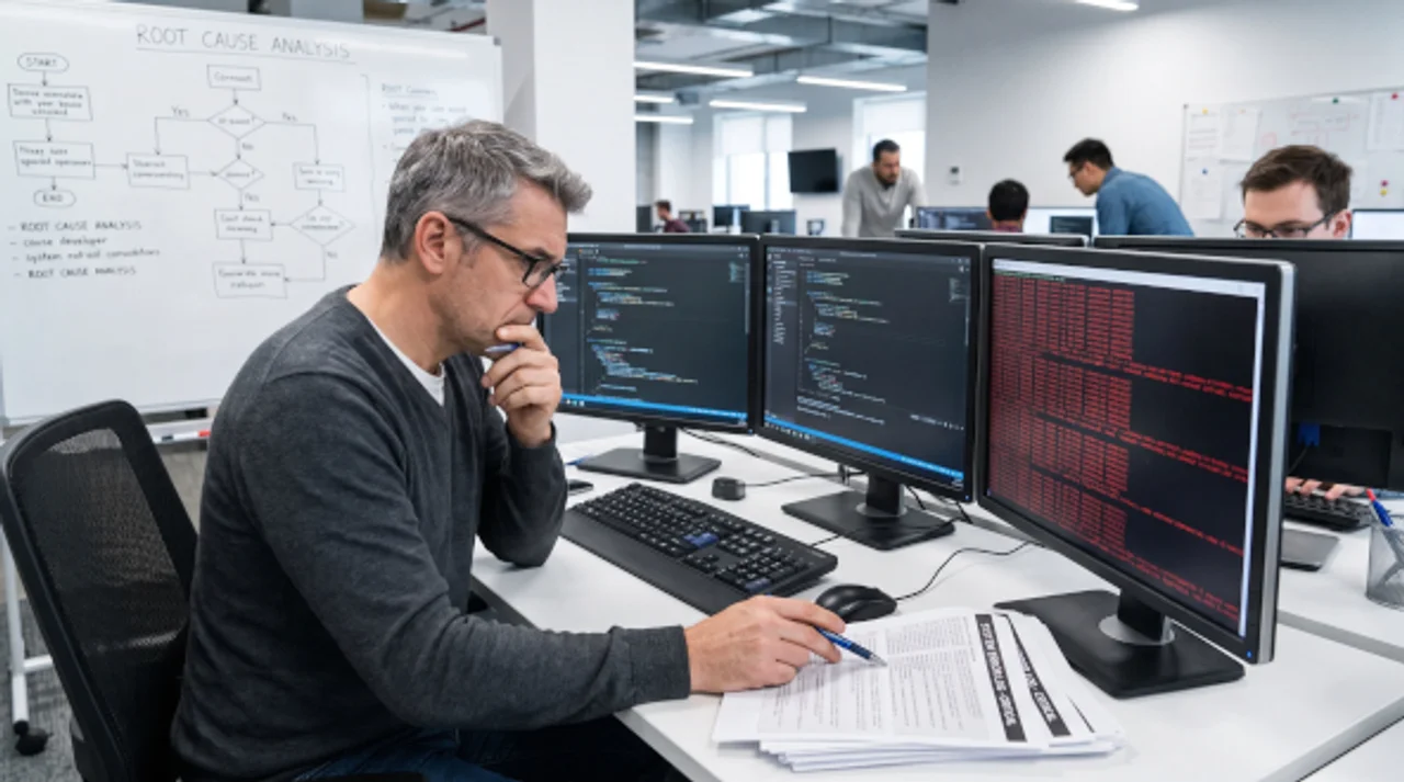 Software developer analyzing code on multiple computer monitors