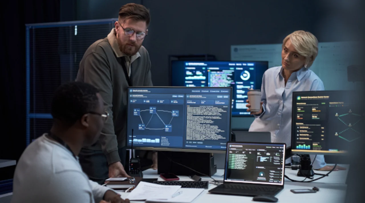 IT-Team analysiert digitale Monitoring-Dashboards und Quellcode auf mehreren Bildschirmen