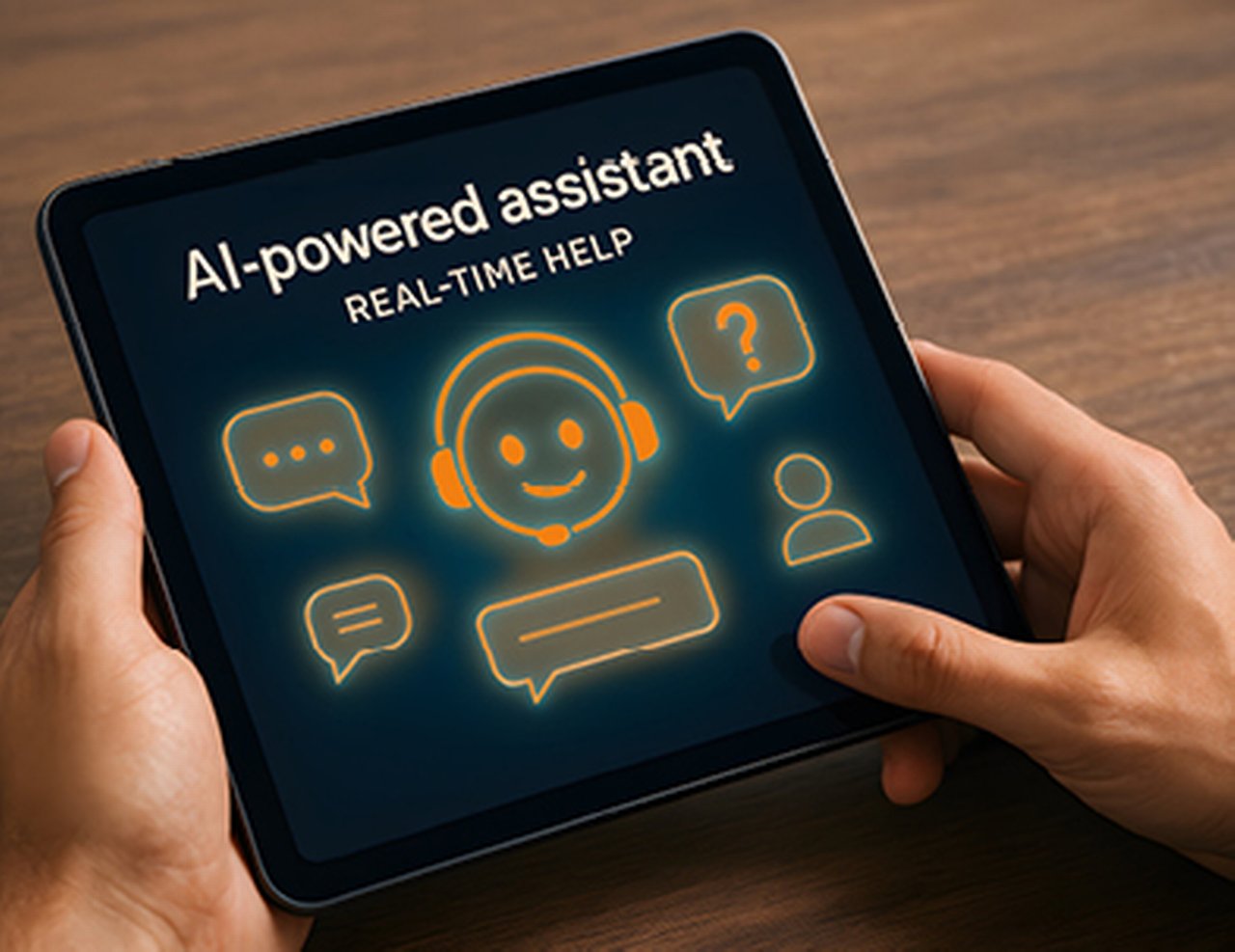 A person holds a tablet showing an AI chatbot