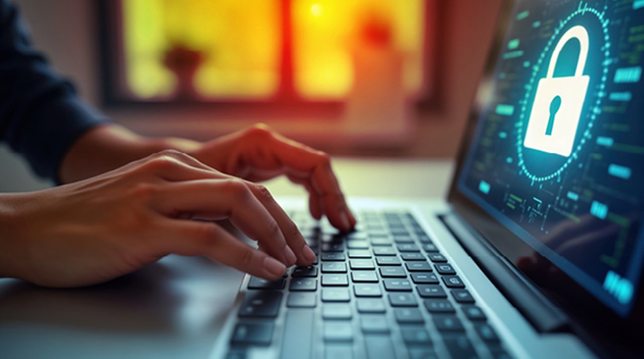 Two hands typing on a laptop displaying a large padlock icon on the screen