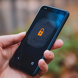 Eine Person hält ein Smartphone in der Hand, dessen Bildschirm ein Fingerabdruck mit einem Schlosssymbol zeigt