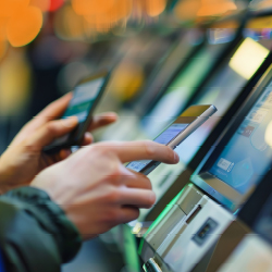 Eine Person hält ihr Smartphone an das Display eines Automaten